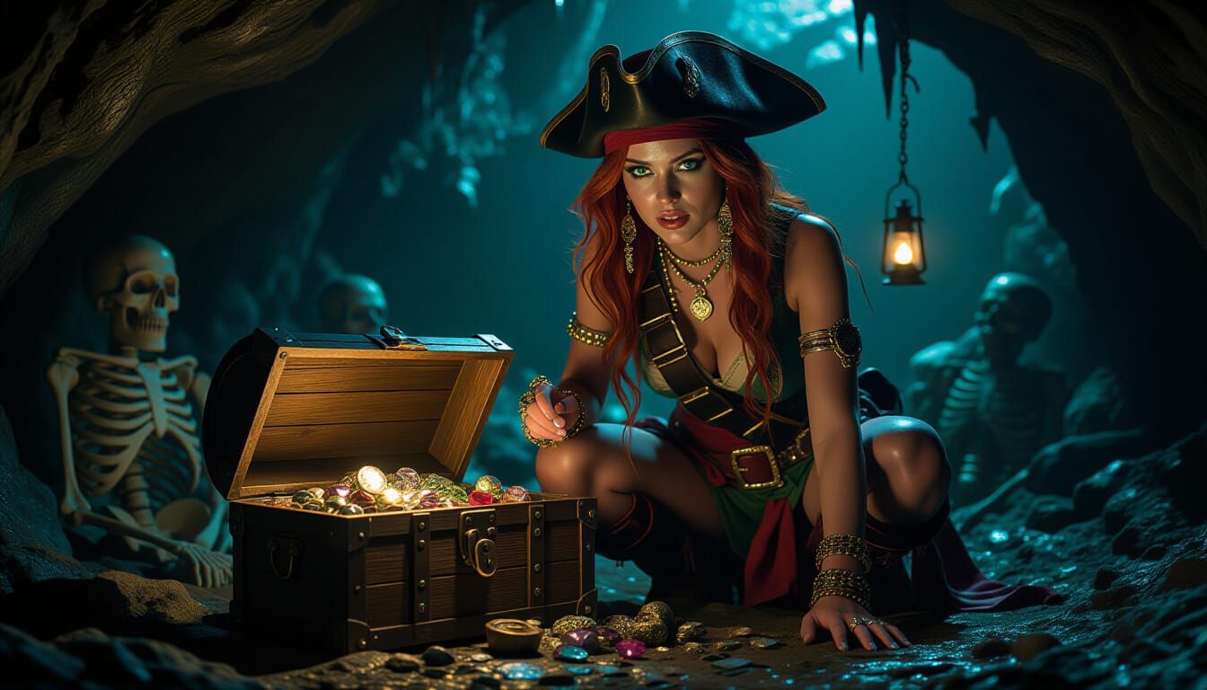 Redhead Pirate Queen in Underground Cave