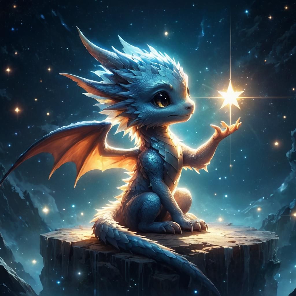 Adorable Dragon Levitationg a Star, Anime Style