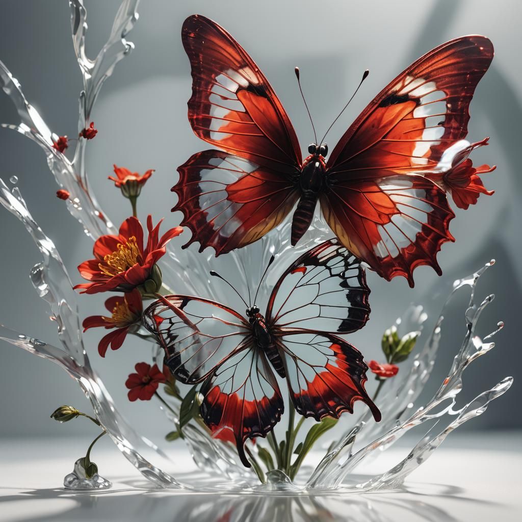 Red Flower and Butterfly Under Glass