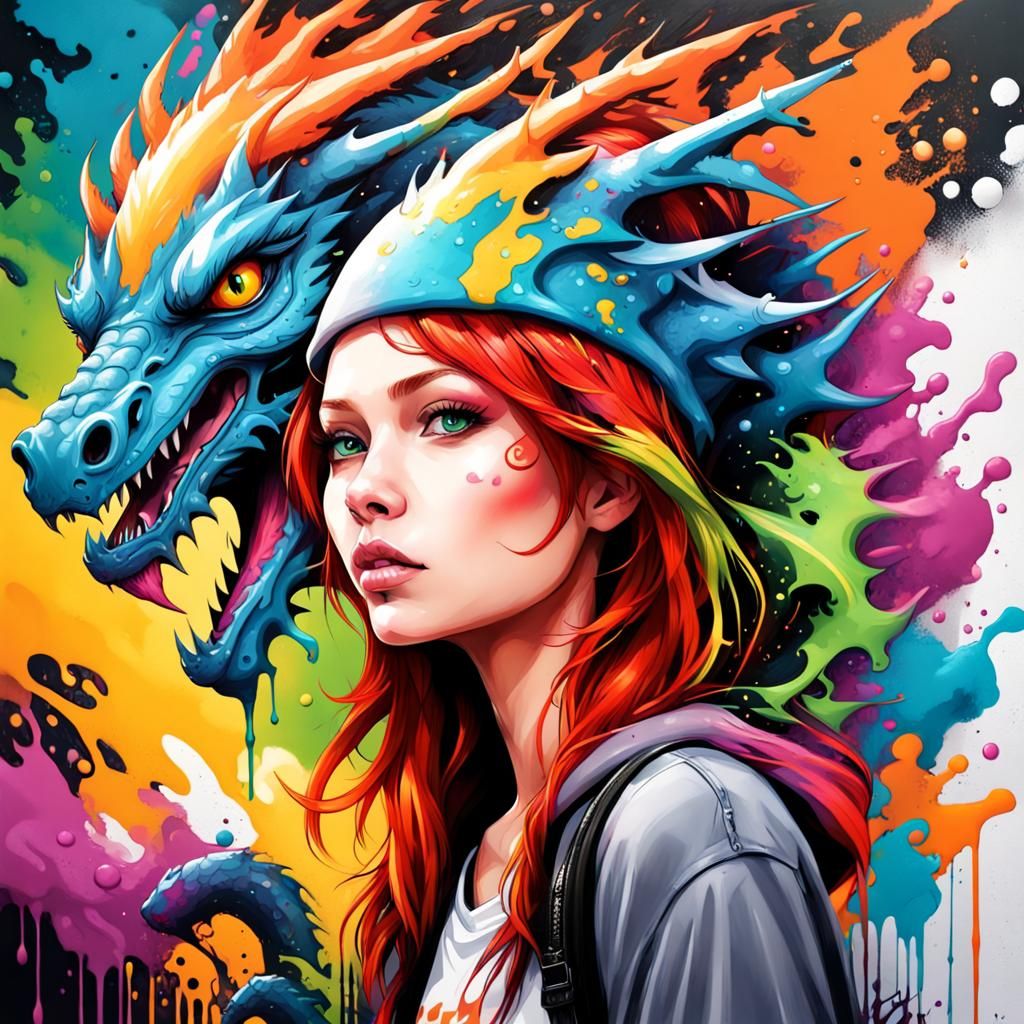 Redhead with Spirit Dragon in Graffiti Street Art