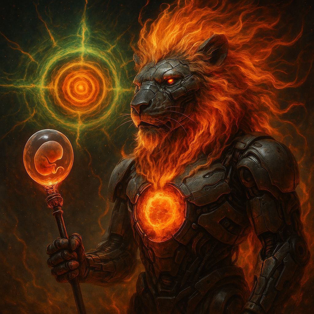 Cyborg Lion with Fiery Core Holding Scepter