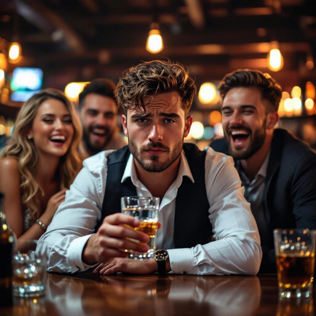 Worried Man at Bar Surrounded by Friends, Photorealistic Sty...