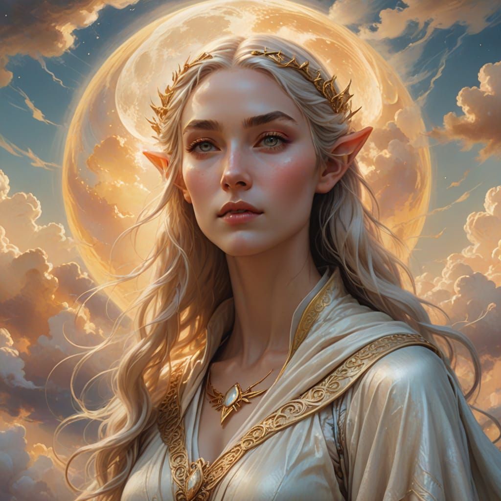 Ethereal Elven Moon Goddess in Impressionist Style