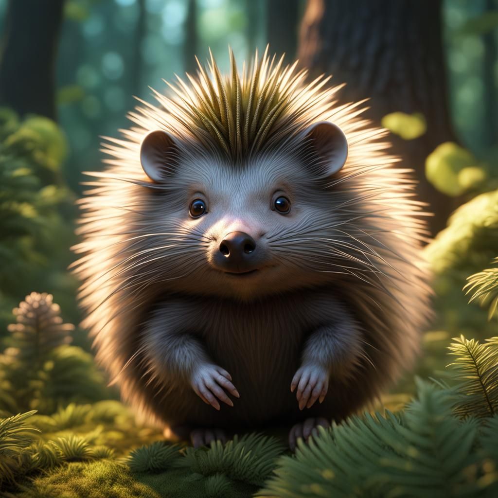 Adorable Baby Porcupine in Dreamy Forest Scene