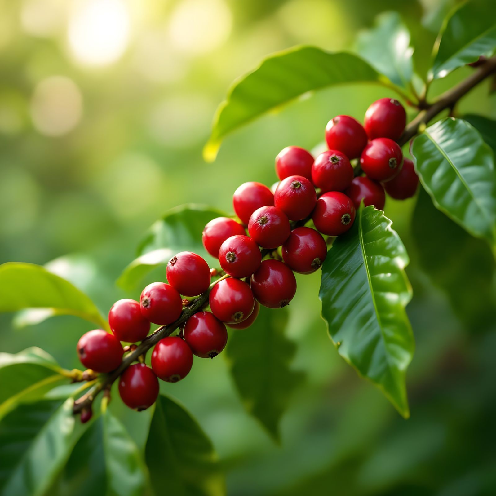 Hyperrealistic Coffee Plant Branch with Ripe Red Cherries