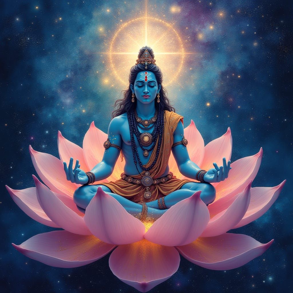 Lord Shiva Meditating in Cosmic Lotus with Galaxies