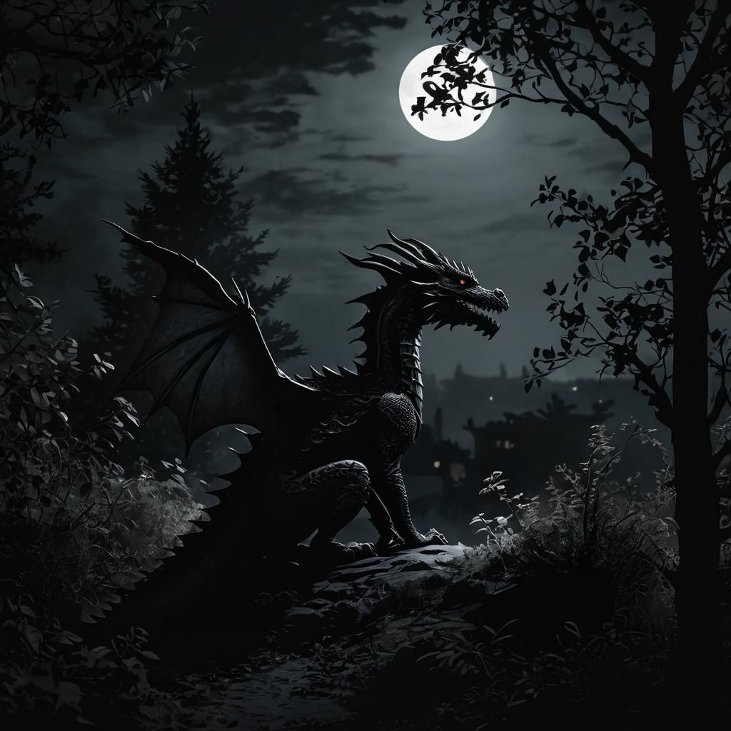 Dragon Silhouette at Village Edge in Moonlight