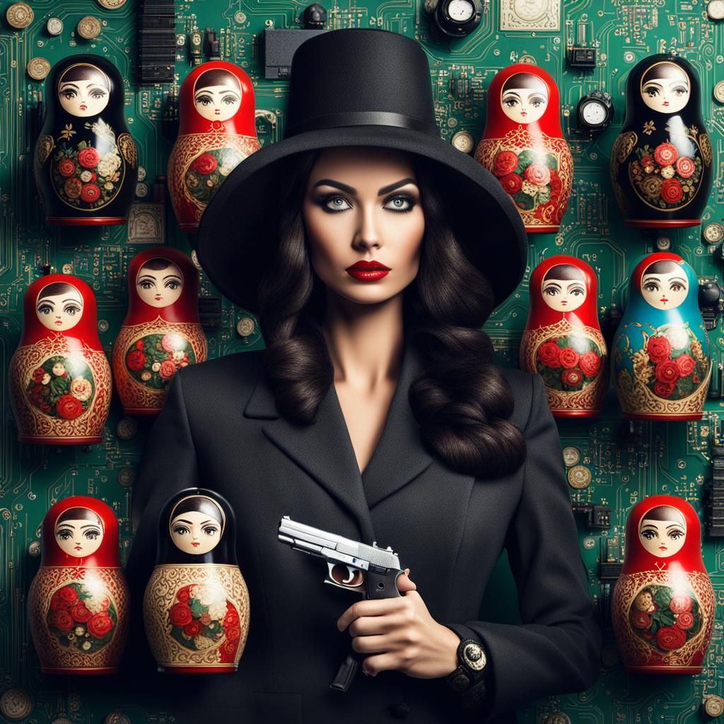 Modern Russian Spy Surrounded by Wired Russian Dolls
