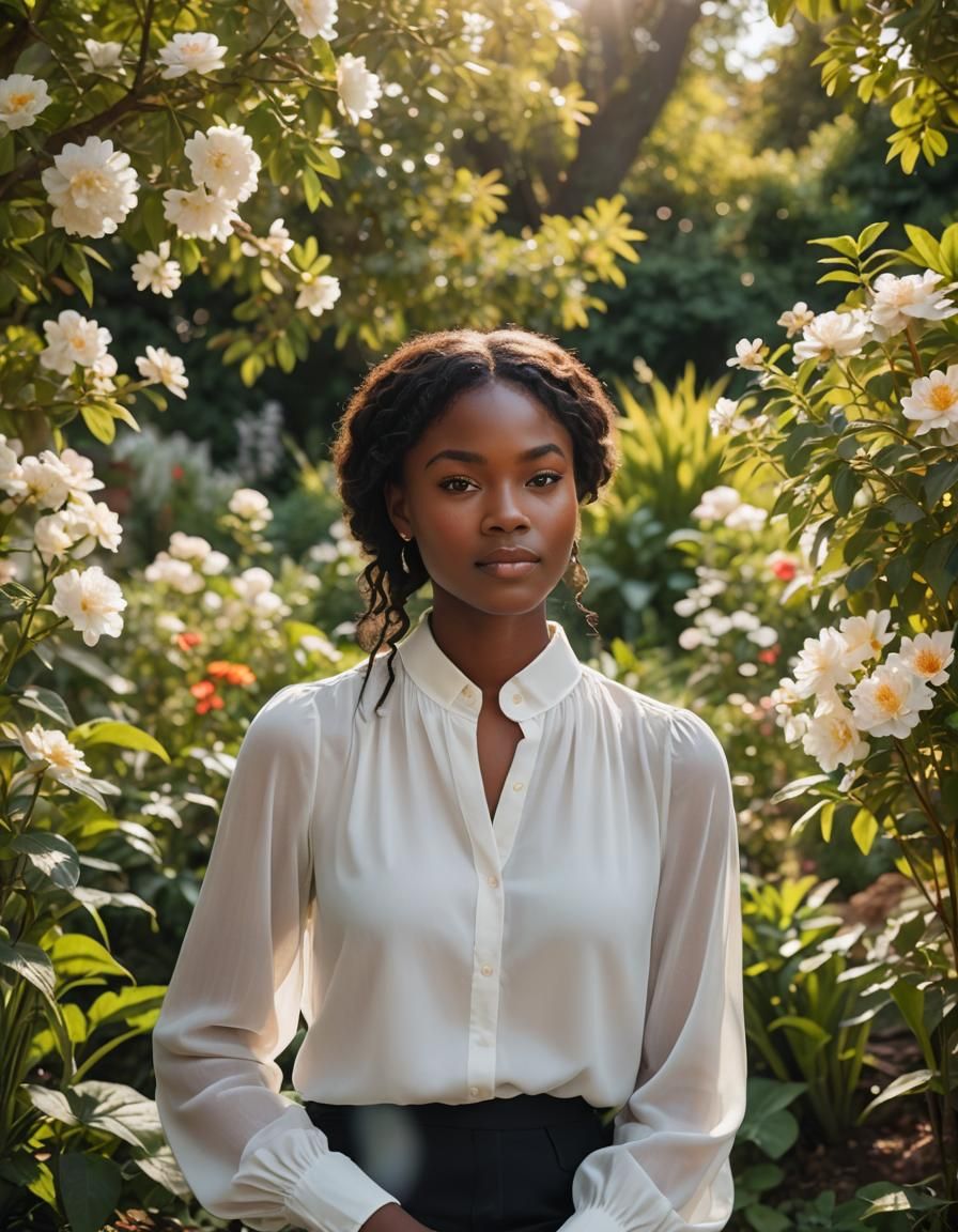Black Model in Garden Portrait with Soft Lighting
