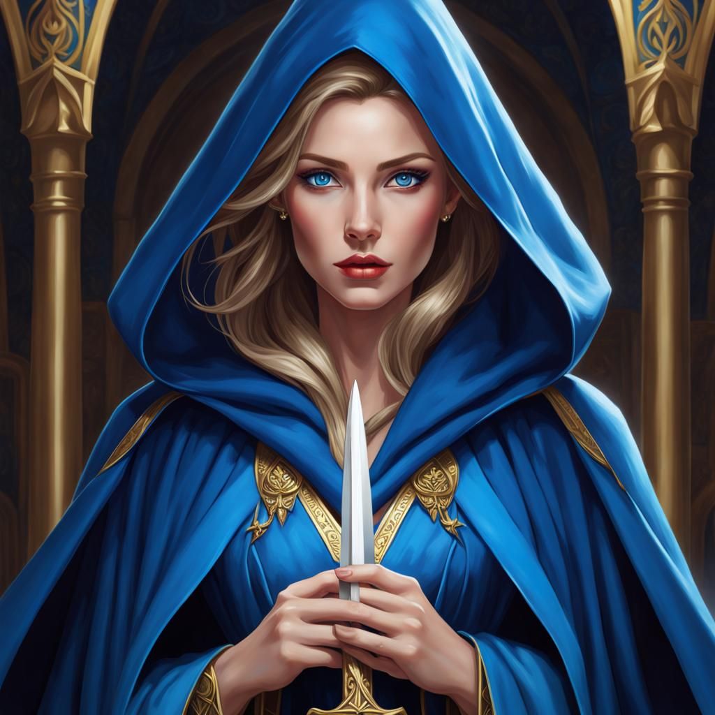Fae Woman in Blue Cloak with Dagger