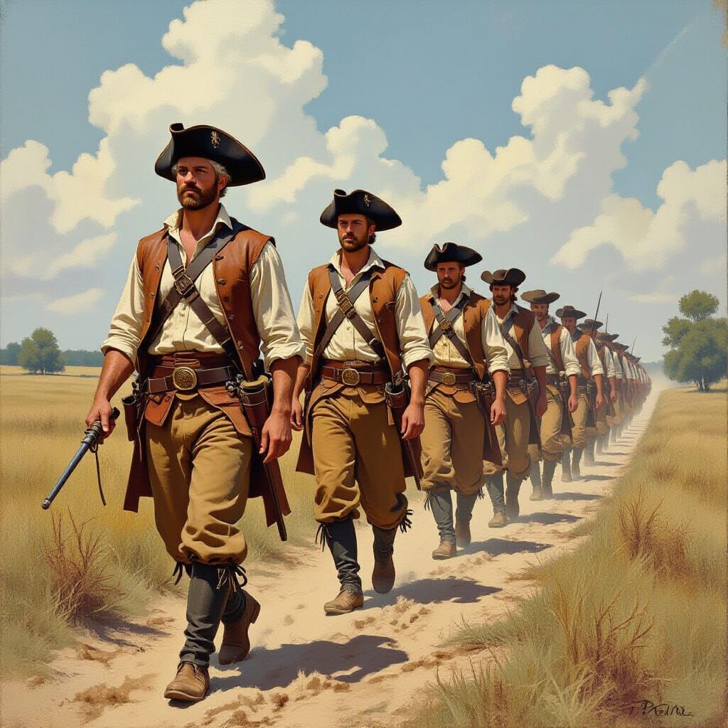 American Revolution Militia March in Folk Art Style