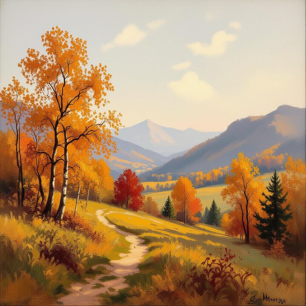 Autumn Mountain Landscape in Impressionistic Oil Painting