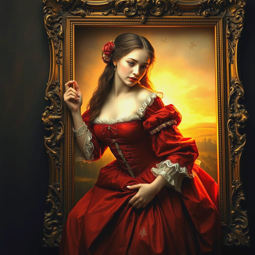 A Red Renaissance Maiden Emerges from the Canvas