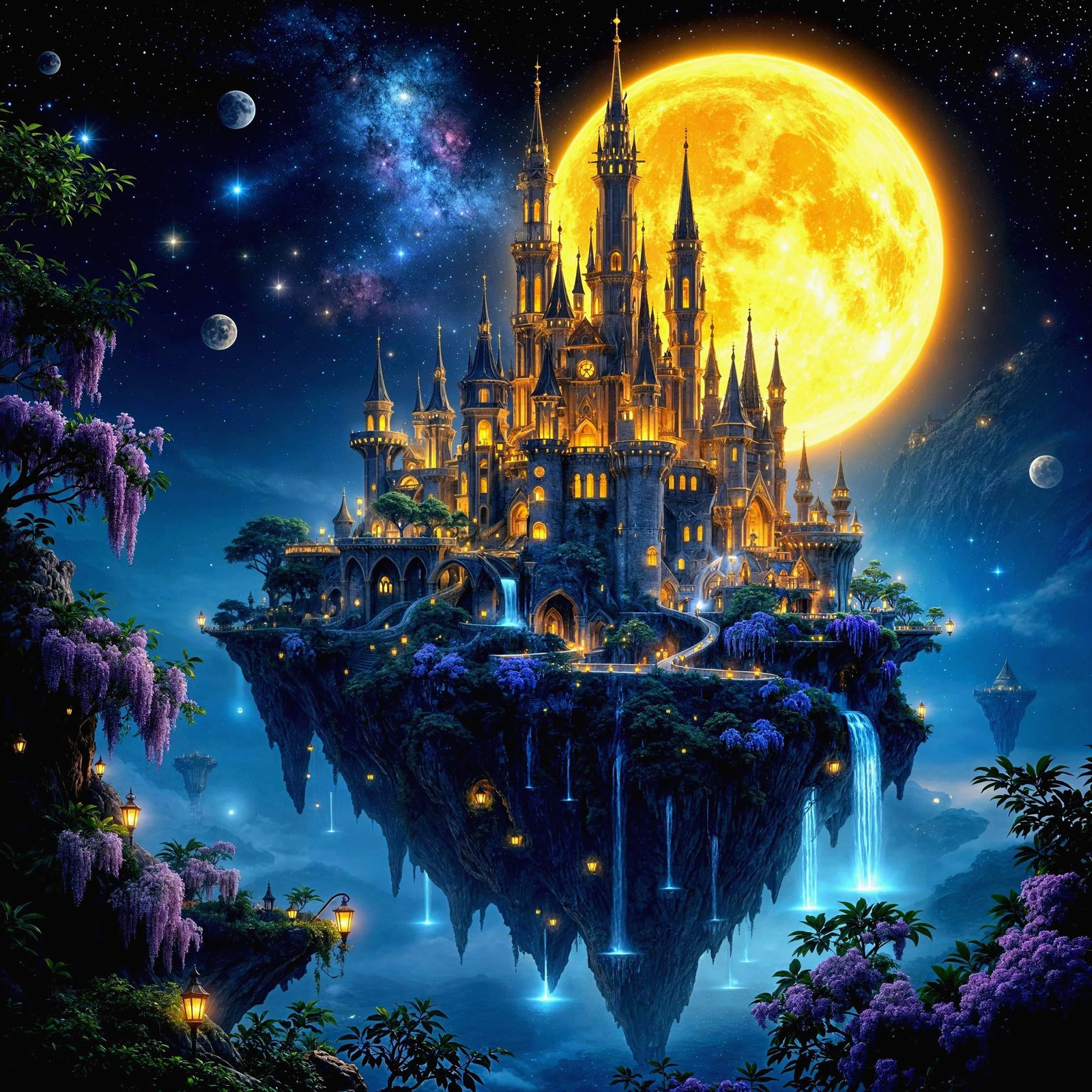 Floating Island Fairytale Castle Under Cosmic Moon