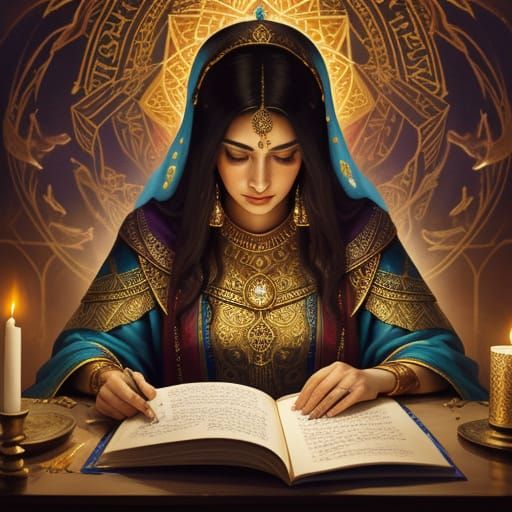 Persian High Priestess Reading Scroll: Oil Painting