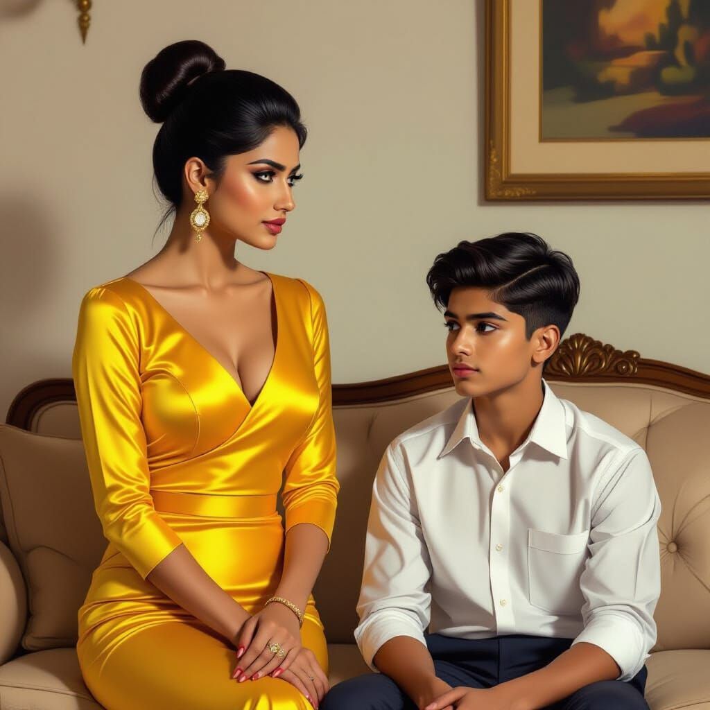 Indian Woman in Yellow Top and Skirt Next to Sofa