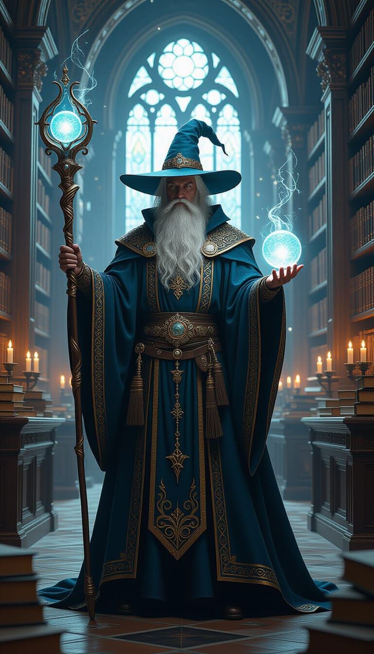 Majestic Wizard in Grand Library with Ancient Tomes