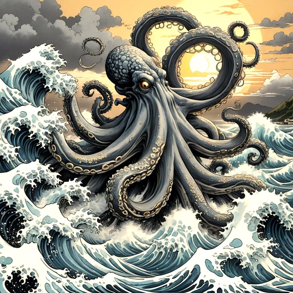 Giant Octopus Tsunami in Hokusai Style