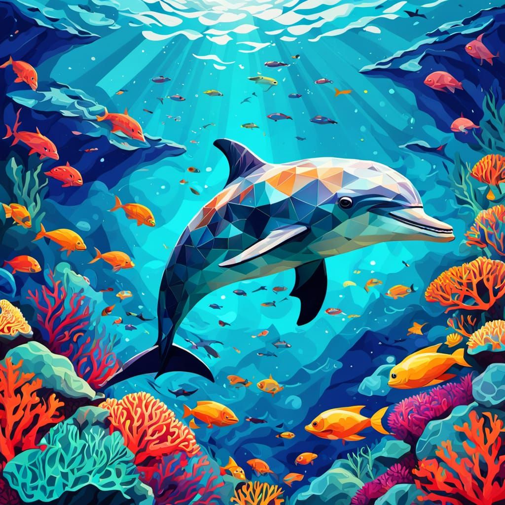 Dolphin in Coral Reef as Geometric Fauvism