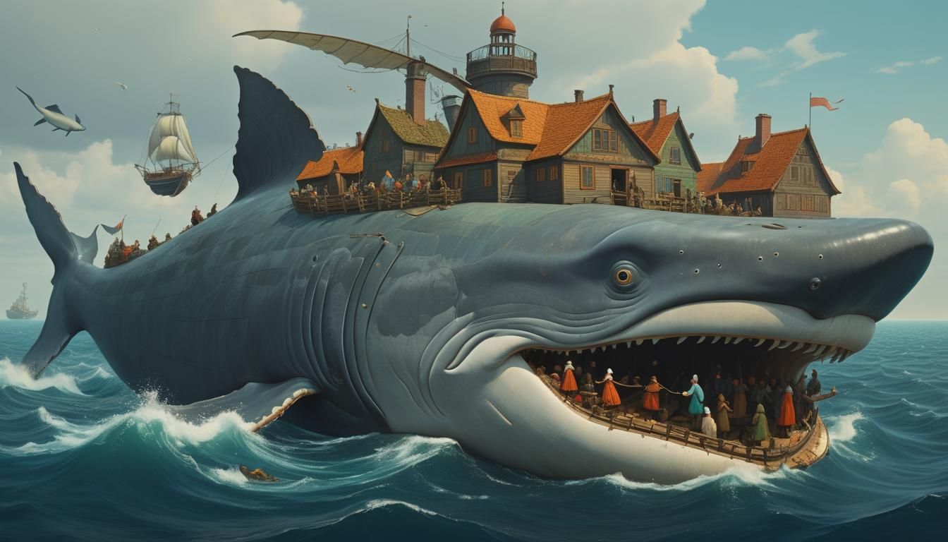Surreal Fish-Whale Fantasy Village in Bilibin Style