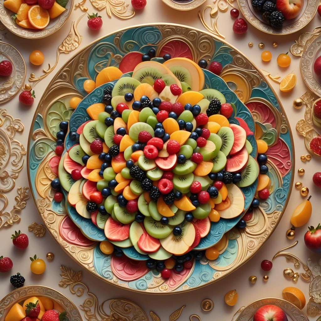 Vibrant Fruit Salad on Ornate Plate in Fantasy Realism