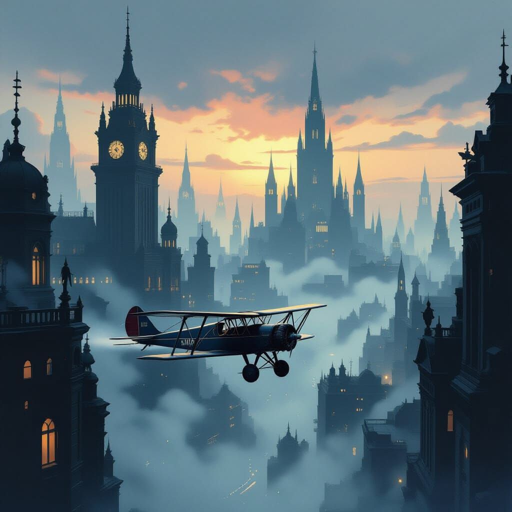 Biplane Flies Through Gothic Art Deco Cityscape at Dusk