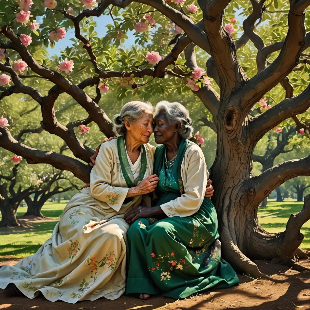 Elderly Women's Tender Embrace in Fantasy Landscape