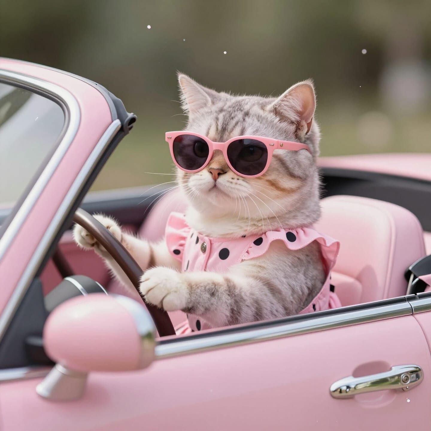 Cat Driving Pink VW Beetle with Sunglasses