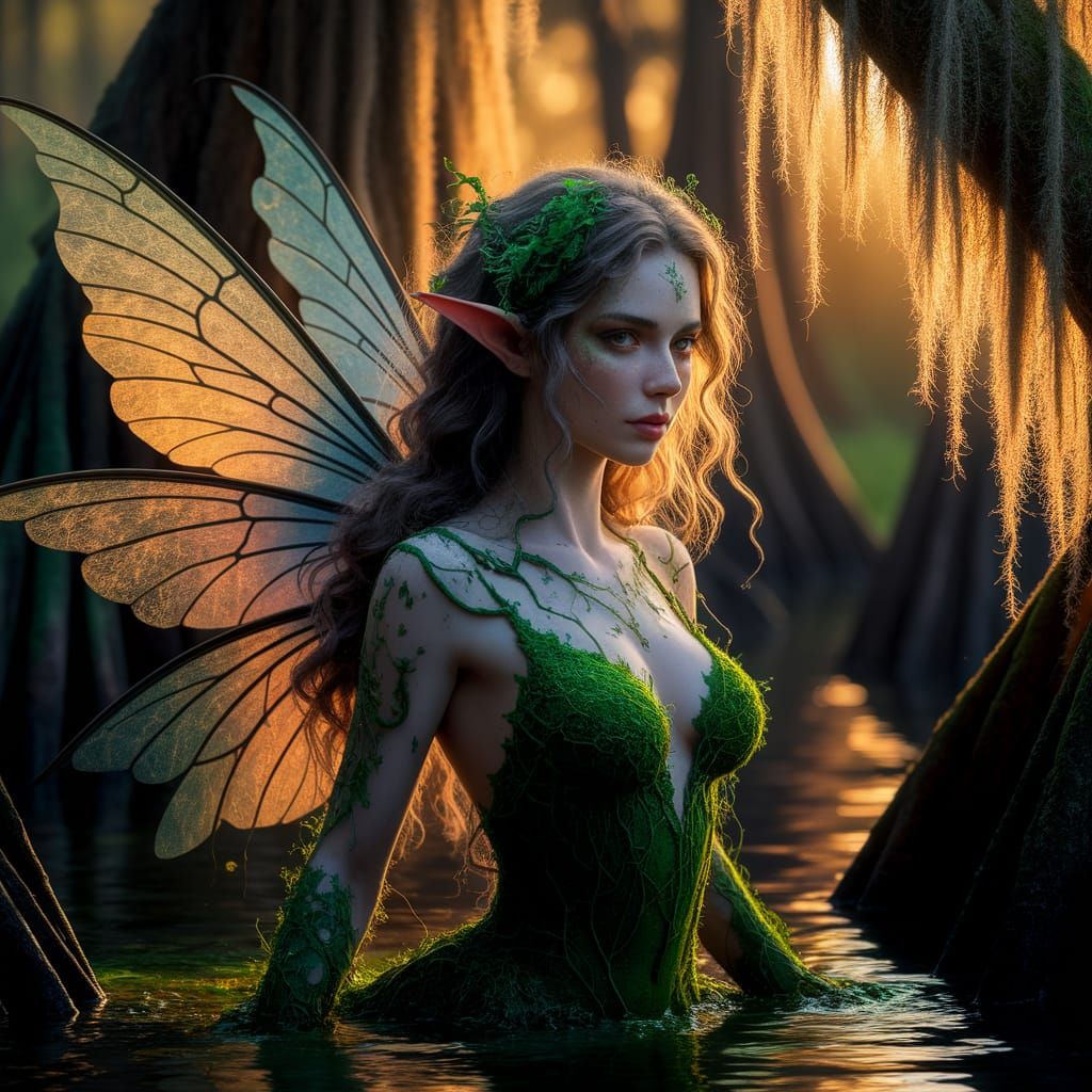 Swamp Fairy Portrait in Pre-Raphaelite Style