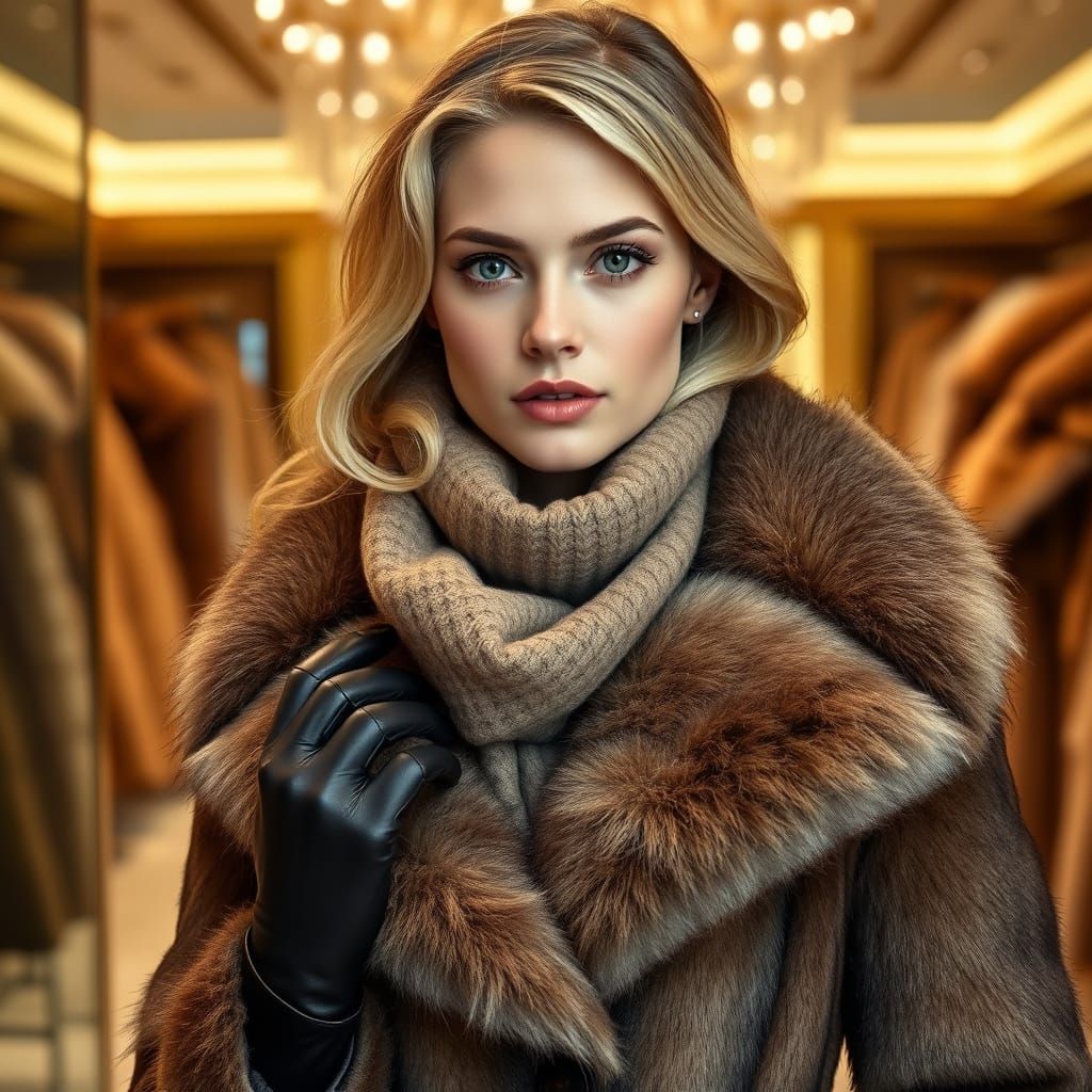 Luxurious Woman in Fur Coat, Velvet, and Cashmere