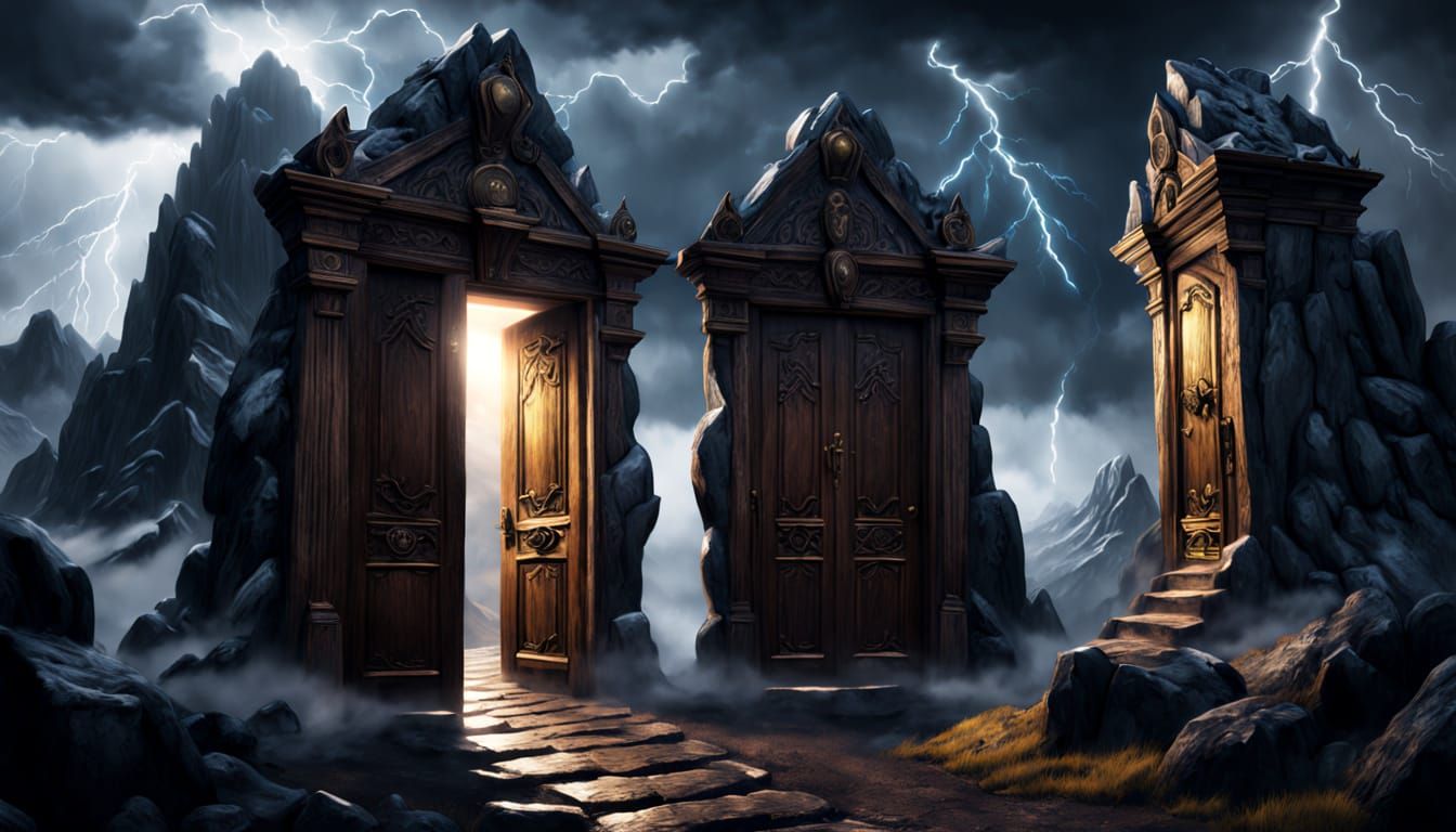 Surreal Mountain Doors in Dark Fantasy Style