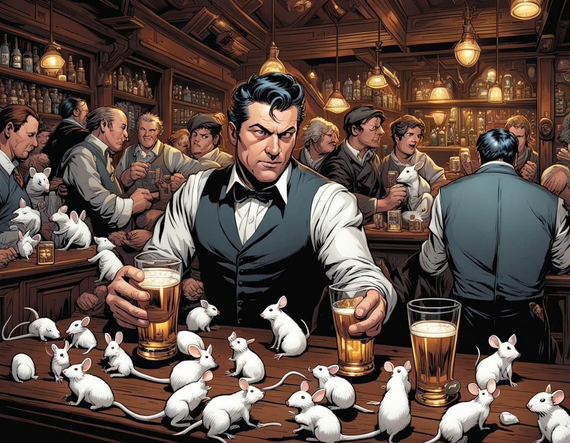 Alcoholic in Pub with Mice, Comic Book Art