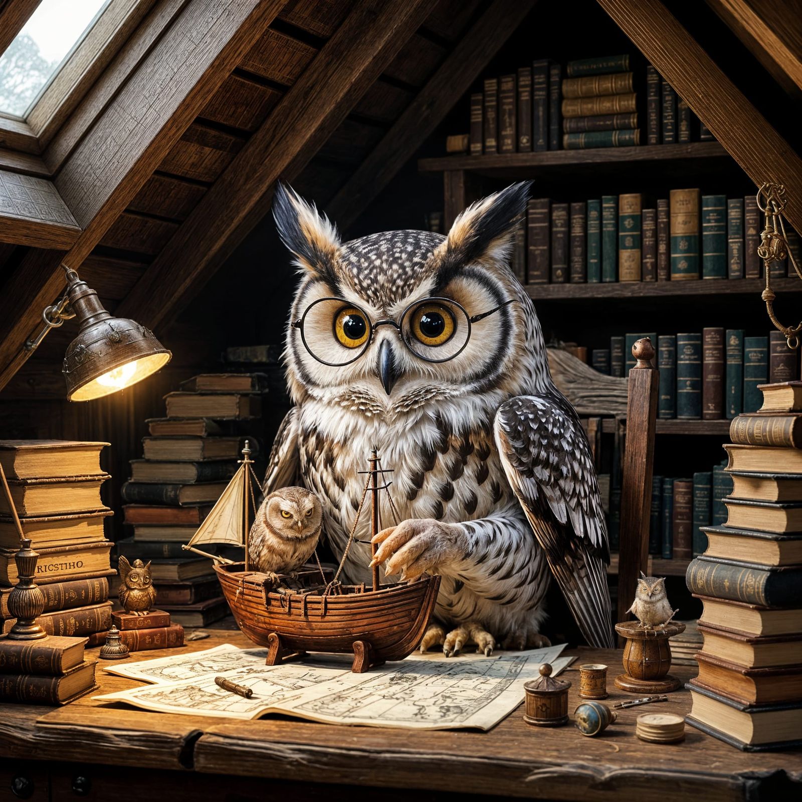 A wise old owl making a wooden ship
