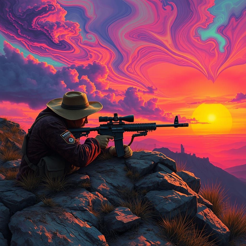 Dreamlike Sniper in Psychedelic Sunset