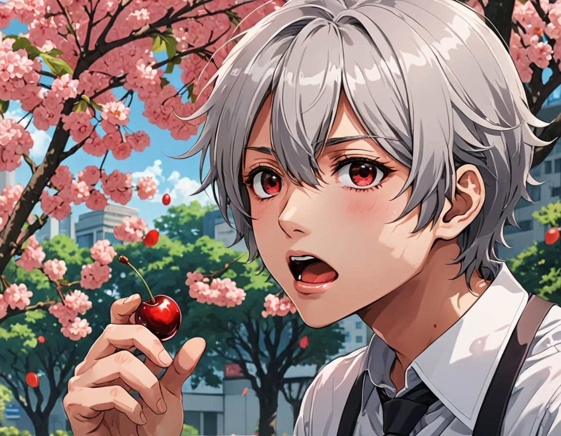 Man Teasing with Cherry in Anime Style