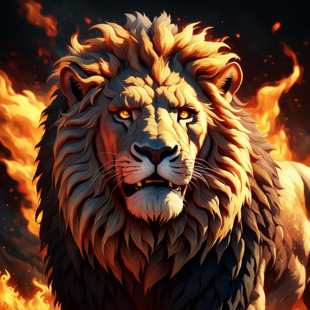 Wounded Lion Roaring Amidst Flames: Digital Art
