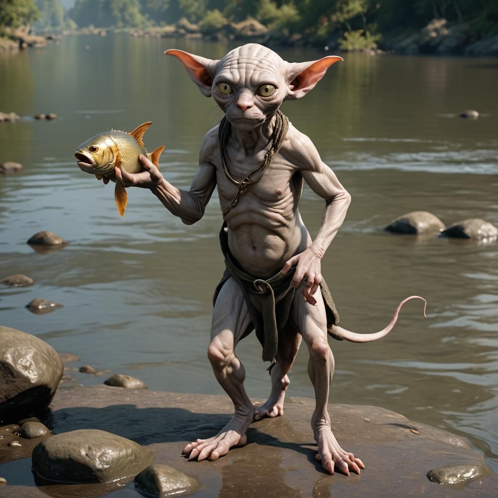 Gollum as Sphynx Cat with Fish, Octane Render