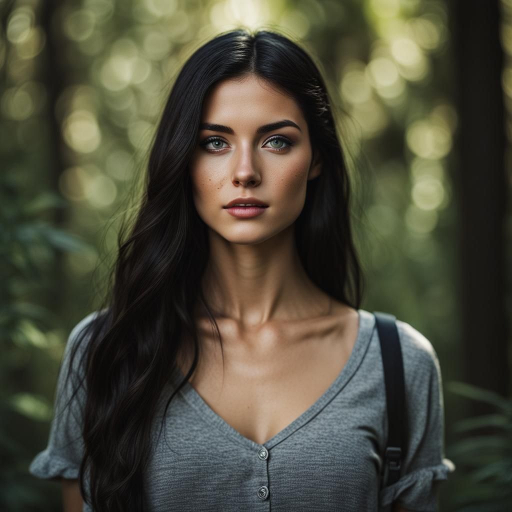 Young Woman Portrait in Forest, Photorealistic Style