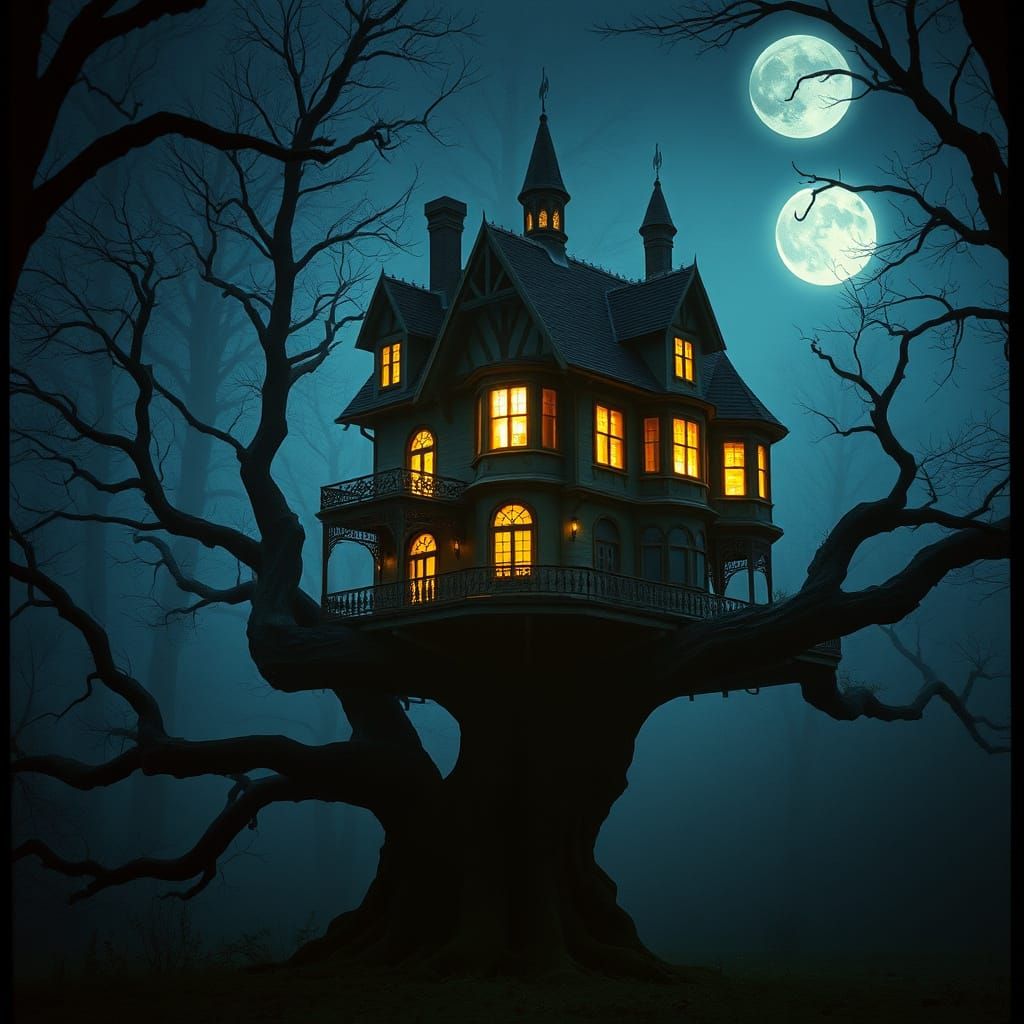 Gothic Manor Bathed in Moonlit Mystique