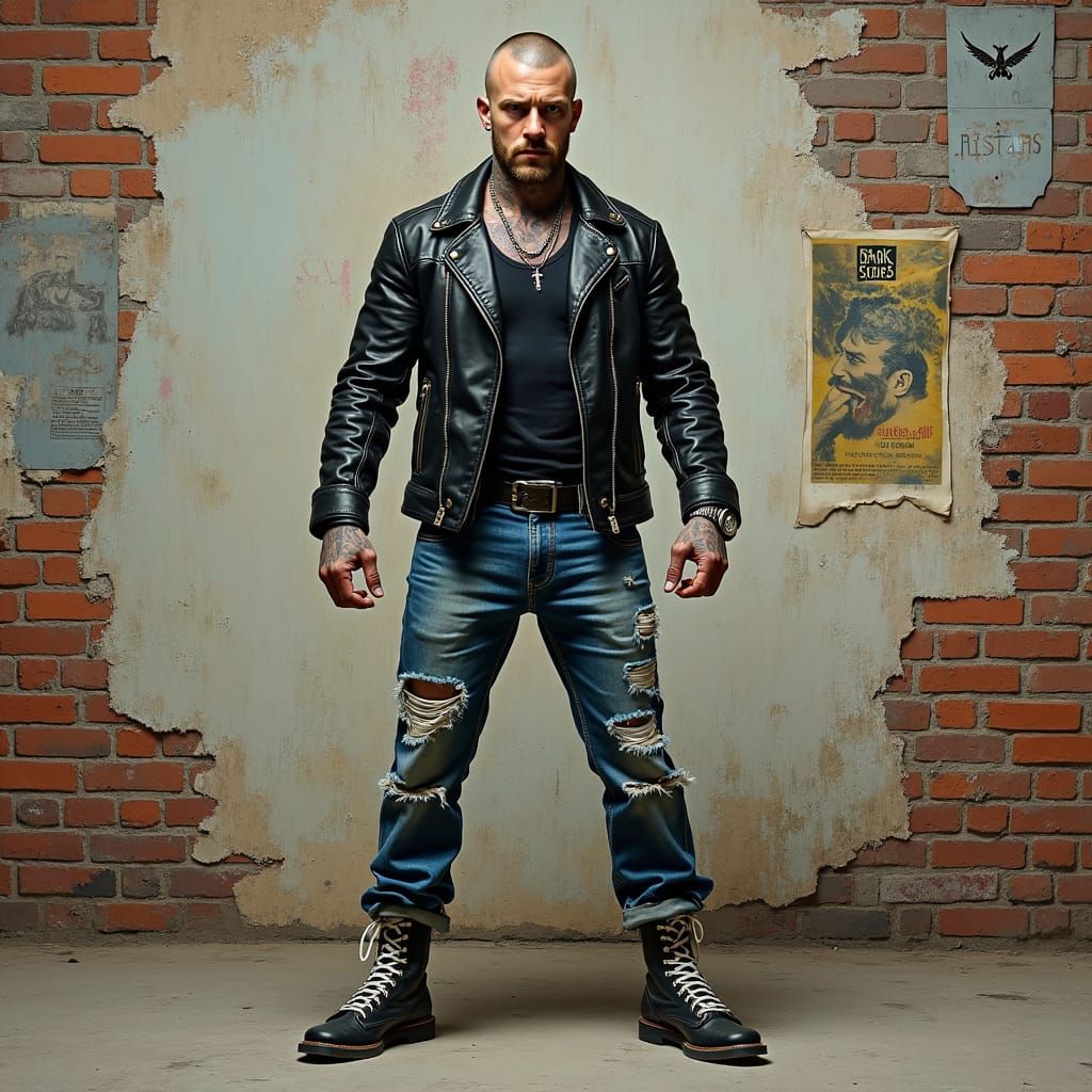 Muscular Skinhead in Urban Setting