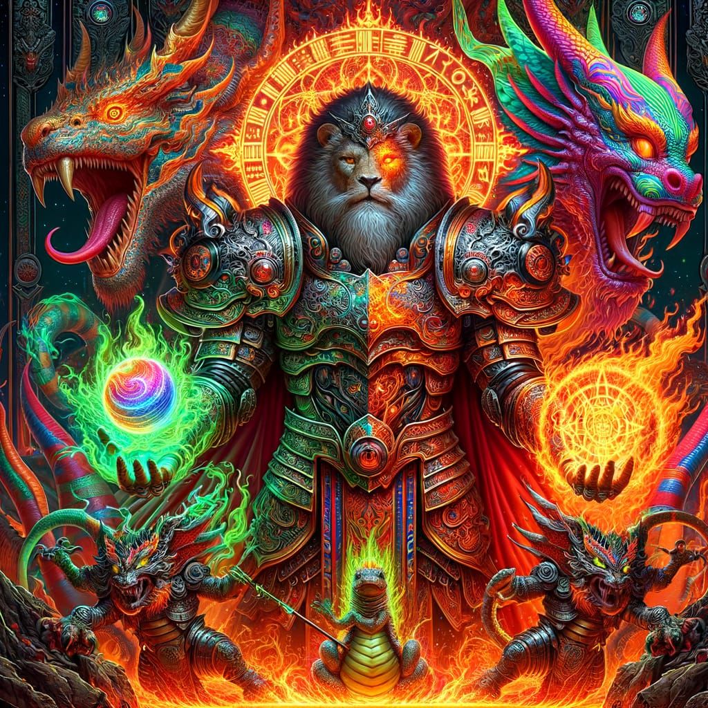 Emperor Mage Lion Warrior with Fiery Dragon and Axolotl Warl...