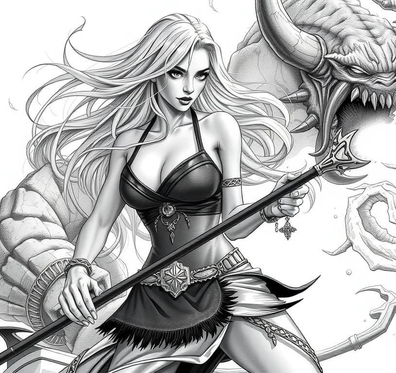 Sorceress Battles Orc: D&D Pencil Sketch