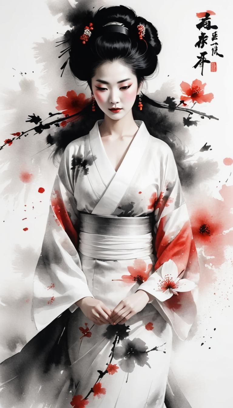 Geisha Portrait in Chinese Ink Style