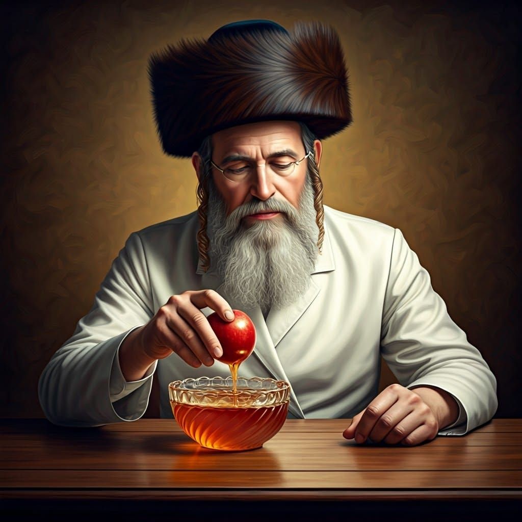 Orthodox Jew Dipping Apple in Honey, Golden Light