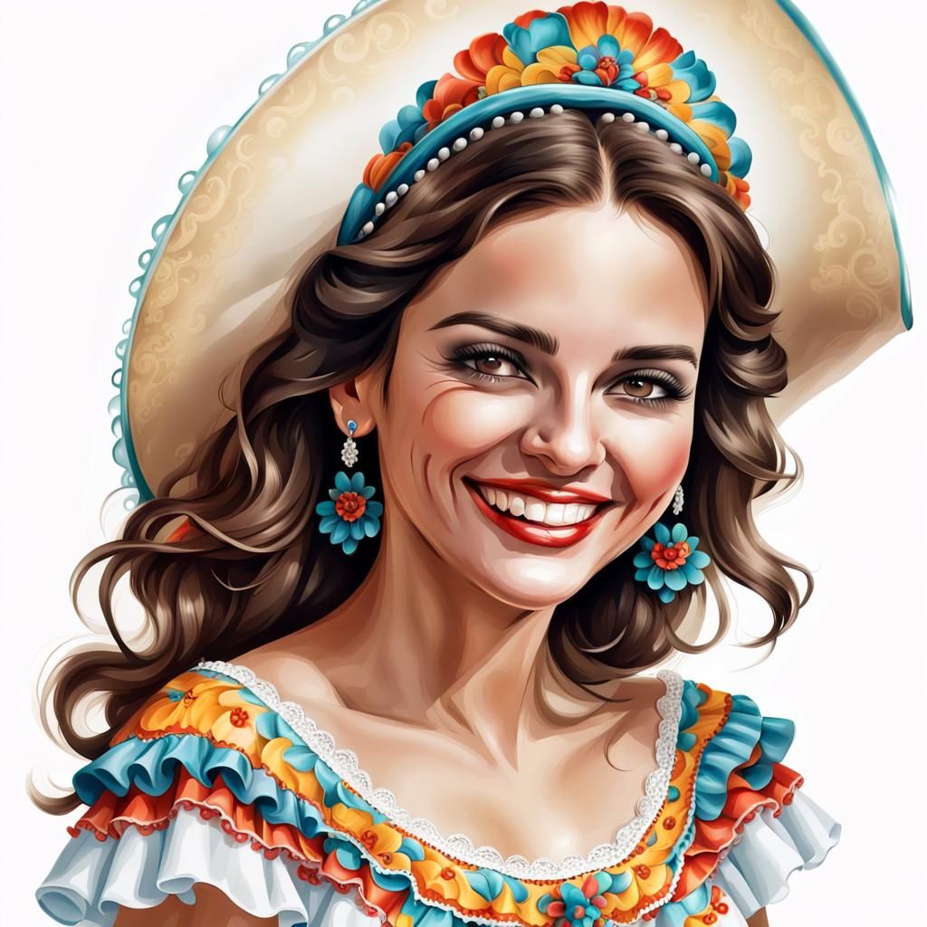 Smiling Spanish Senorita in Flamenco Dress: Airbrush Art