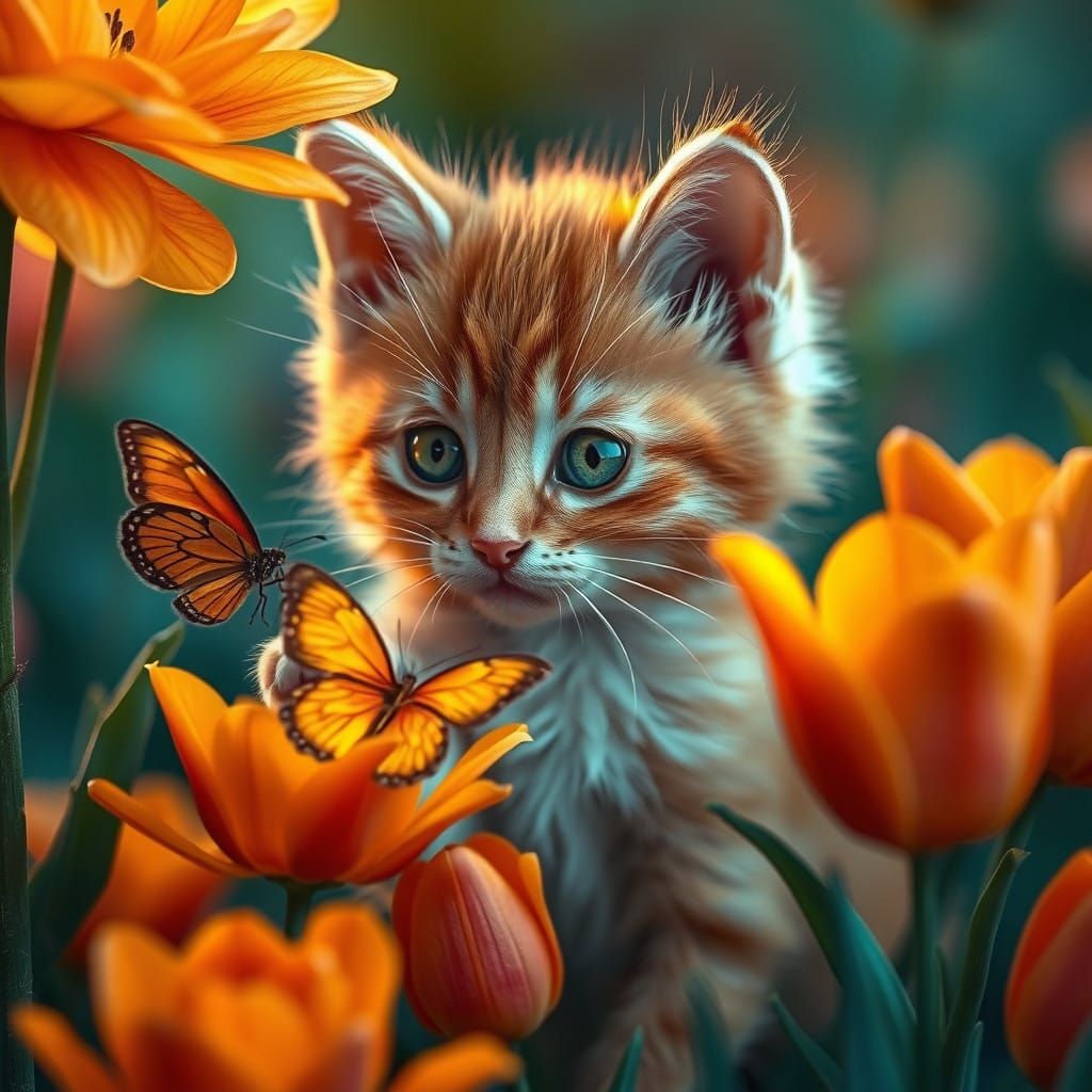 Whimsical Orange Kitten in Enchanted Garden