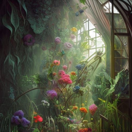 Lush Glasshouse Interior: Hyperdetailed Botanical Art