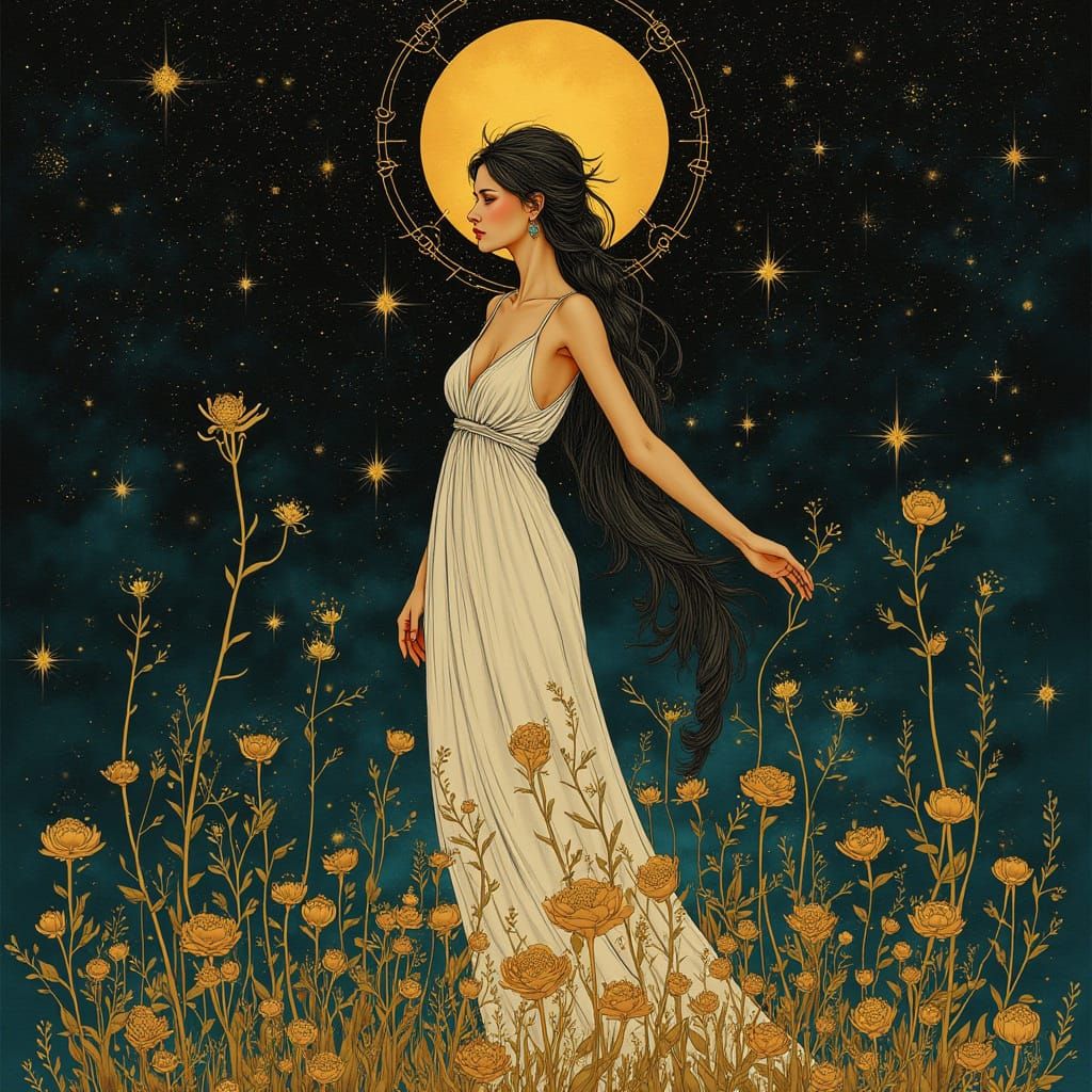 Ethereal Woman with Celestial Motifs in Art Nouveau Style