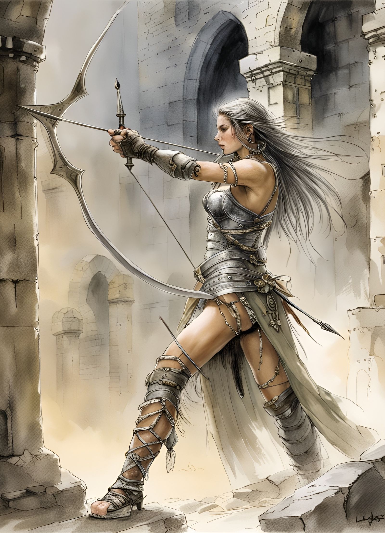 Adventuress Battles Orc in Ruined Castle, Dramatic Style