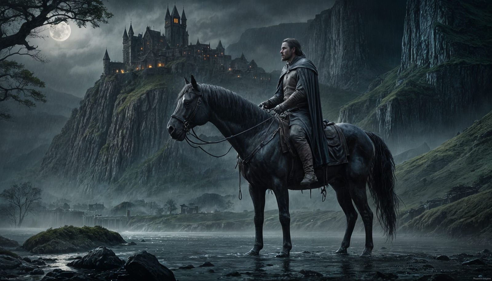 Medieval Celtic Rider in Rainy Valley: Rutkowski Style